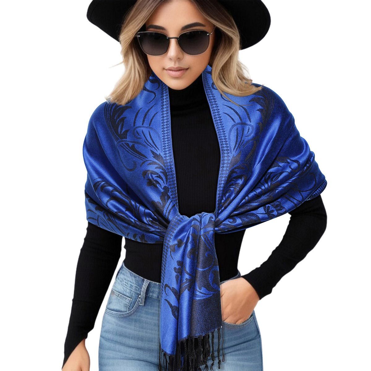 Pashmina Blue Flower Fringe Scarf for Women