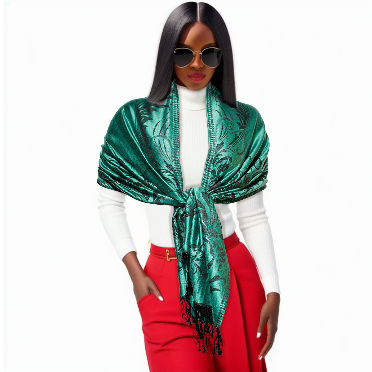 Pashmina Green Flower Fringe Scarf for Women